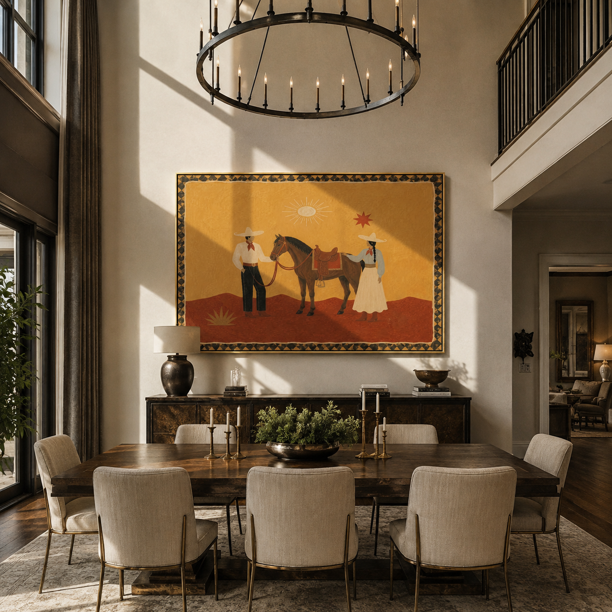 The Desert Family Gathers beside the Horse - horse and family painting by Isabelle Laurent, modern Western horizontal wall art – styled room scene view 2