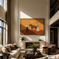 The Desert Family Gathers beside the Horse - horse and family painting by Isabelle Laurent, modern Western horizontal wall art – styled room scene view 3