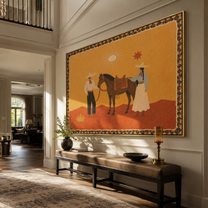 The Desert Family Gathers beside the Horse - horse and family painting by Isabelle Laurent, modern Western horizontal wall art – styled room scene view 4