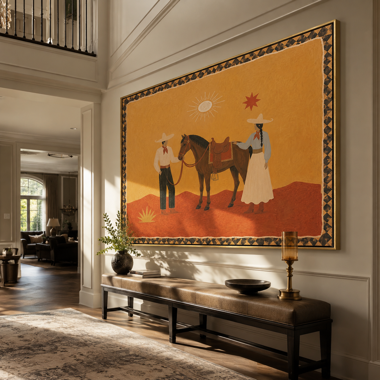 The Desert Family Gathers beside the Horse - horse and family painting by Isabelle Laurent, modern Western horizontal wall art – styled room scene view 4