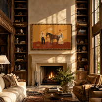 The Desert Family Gathers beside the Horse - horse and family painting by Isabelle Laurent, modern Western horizontal wall art – styled room scene view 5