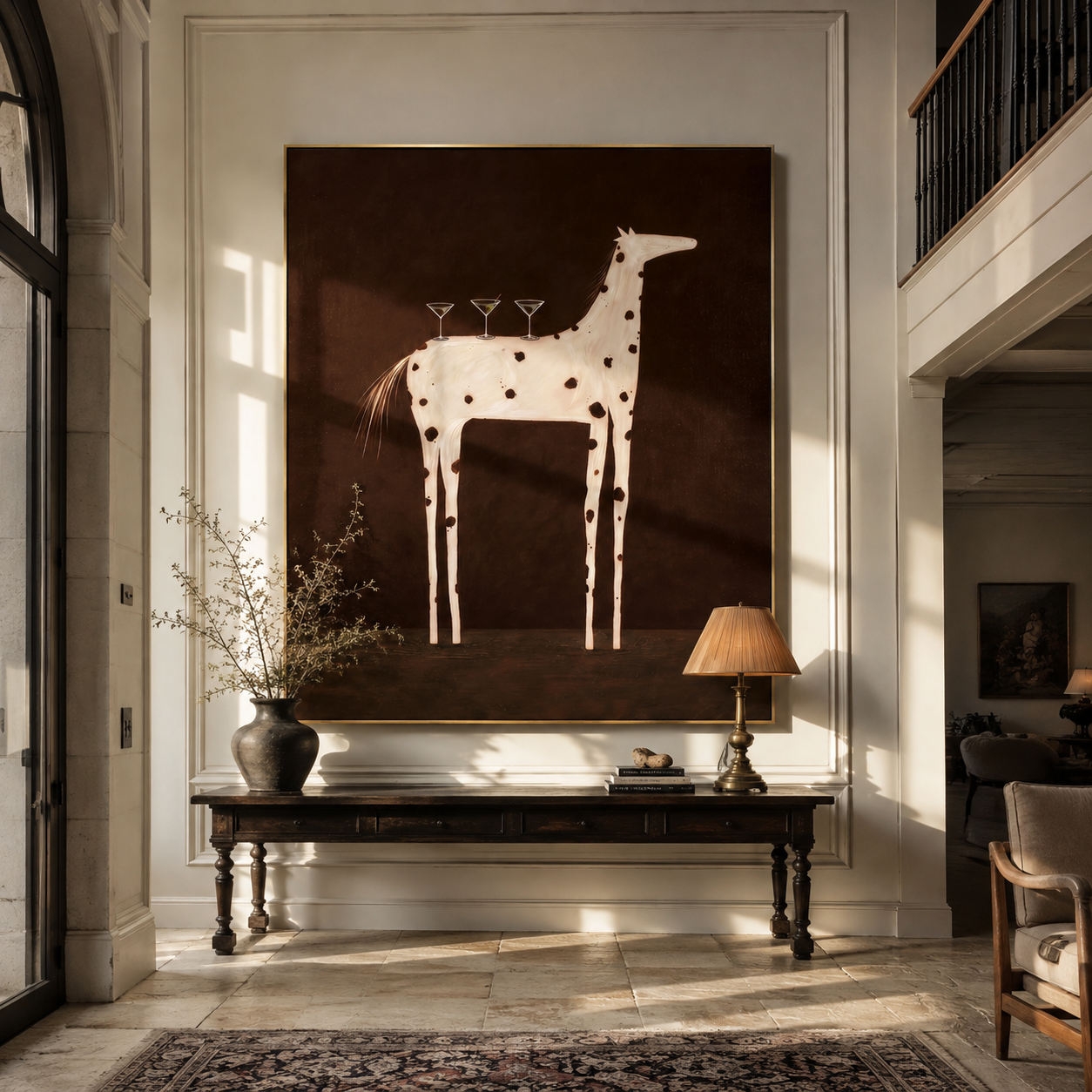 Three Glasses Balance on the Spotted Horse - white spotted horse painting by Isabelle Laurent, modern Western vertical wall art – styled room scene view 1