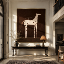 Three Glasses Balance on the Spotted Horse - white spotted horse painting by Isabelle Laurent, modern Western vertical wall art – styled room scene view 1