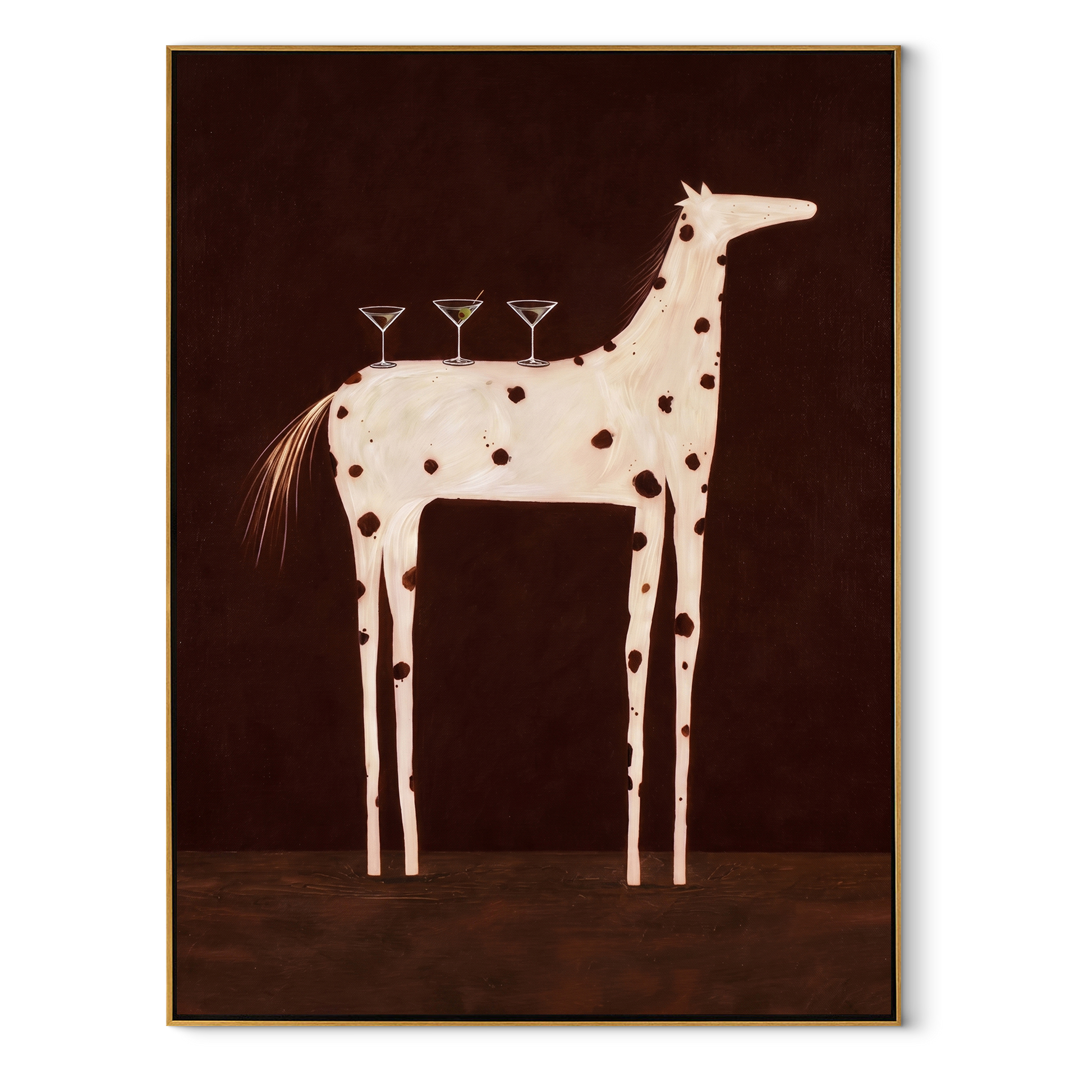 Three Glasses Balance on the Spotted Horse - white spotted horse painting by Isabelle Laurent, modern Western vertical wall art – wood frame on white background