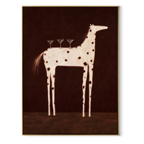 Three Glasses Balance on the Spotted Horse - white spotted horse painting by Isabelle Laurent, modern Western vertical wall art – wood frame on white background