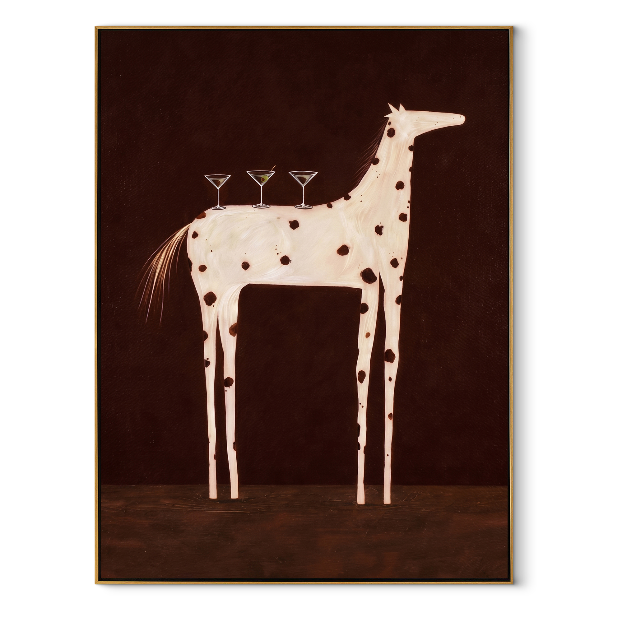 Three Glasses Balance on the Spotted Horse - white spotted horse painting by Isabelle Laurent, modern Western vertical wall art – wood frame on white background