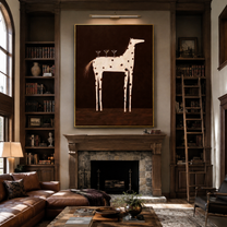 Three Glasses Balance on the Spotted Horse - white spotted horse painting by Isabelle Laurent, modern Western vertical wall art – styled room scene view 2