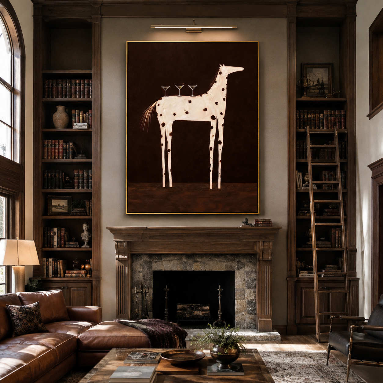 Three Glasses Balance on the Spotted Horse - white spotted horse painting by Isabelle Laurent, modern Western vertical wall art – styled room scene view 2