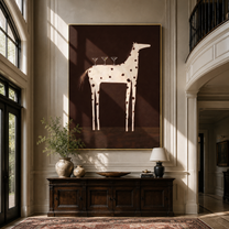 Three Glasses Balance on the Spotted Horse - white spotted horse painting by Isabelle Laurent, modern Western vertical wall art – styled room scene view 3