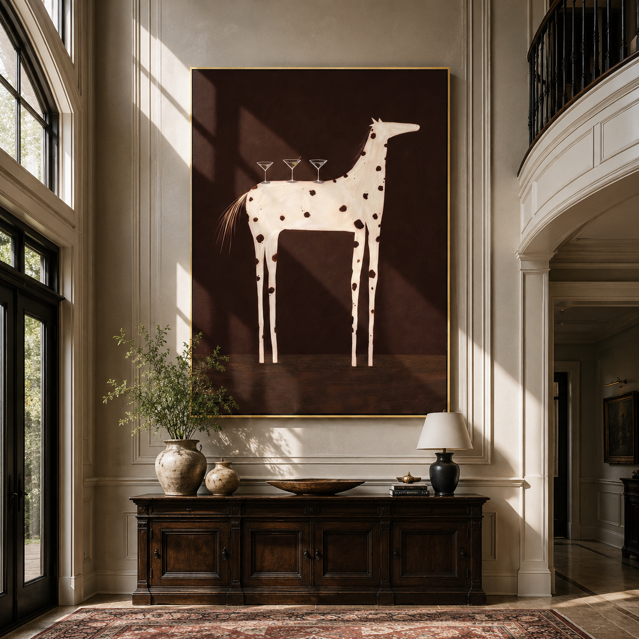 Three Glasses Balance on the Spotted Horse - white spotted horse painting by Isabelle Laurent, modern Western vertical wall art – styled room scene view 3