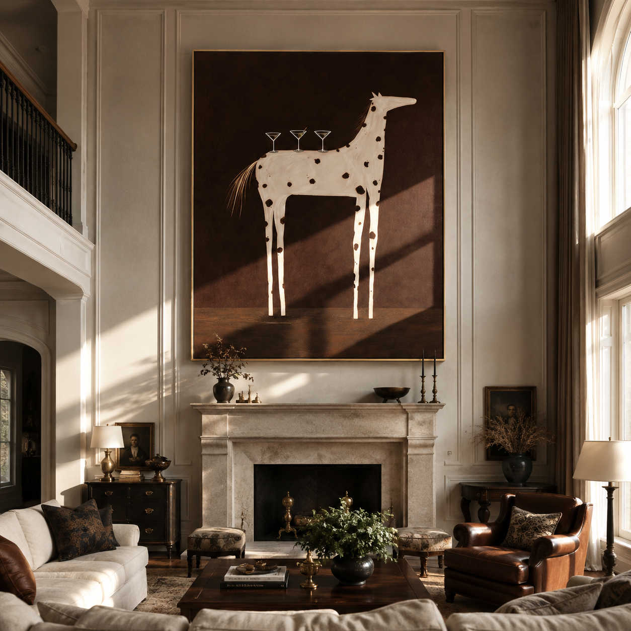 Three Glasses Balance on the Spotted Horse - white spotted horse painting by Isabelle Laurent, modern Western vertical wall art – styled room scene view 5