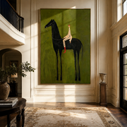 Striped Rider Sits above the Black Horse - black horse rider painting by Isabelle Laurent, modern Western vertical wall art – styled room scene view 1
