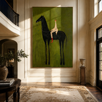 Striped Rider Sits above the Black Horse - black horse rider painting by Isabelle Laurent, modern Western vertical wall art – styled room scene view 1