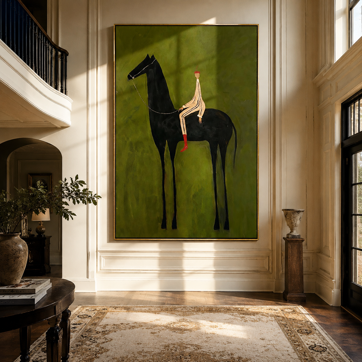 Striped Rider Sits above the Black Horse - black horse rider painting by Isabelle Laurent, modern Western vertical wall art – styled room scene view 1