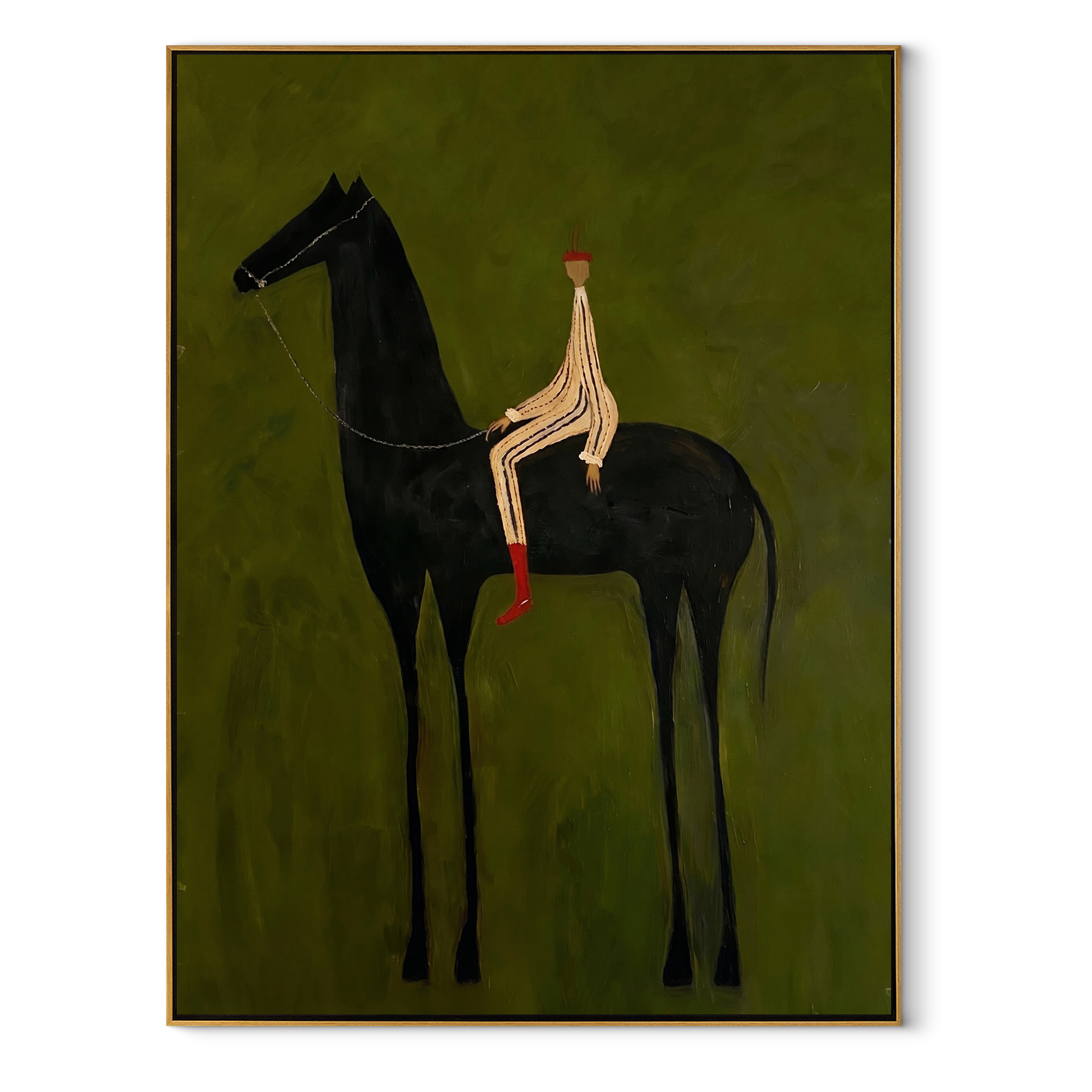 Striped Rider Sits above the Black Horse - black horse rider painting by Isabelle Laurent, modern Western vertical wall art – wood frame on white background