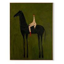 Striped Rider Sits above the Black Horse - black horse rider painting by Isabelle Laurent, modern Western vertical wall art – wood frame on white background