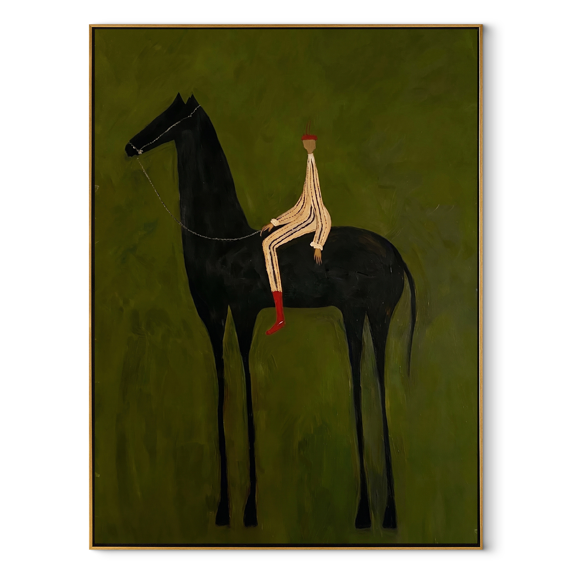 Striped Rider Sits above the Black Horse - black horse rider painting by Isabelle Laurent, modern Western vertical wall art – wood frame on white background
