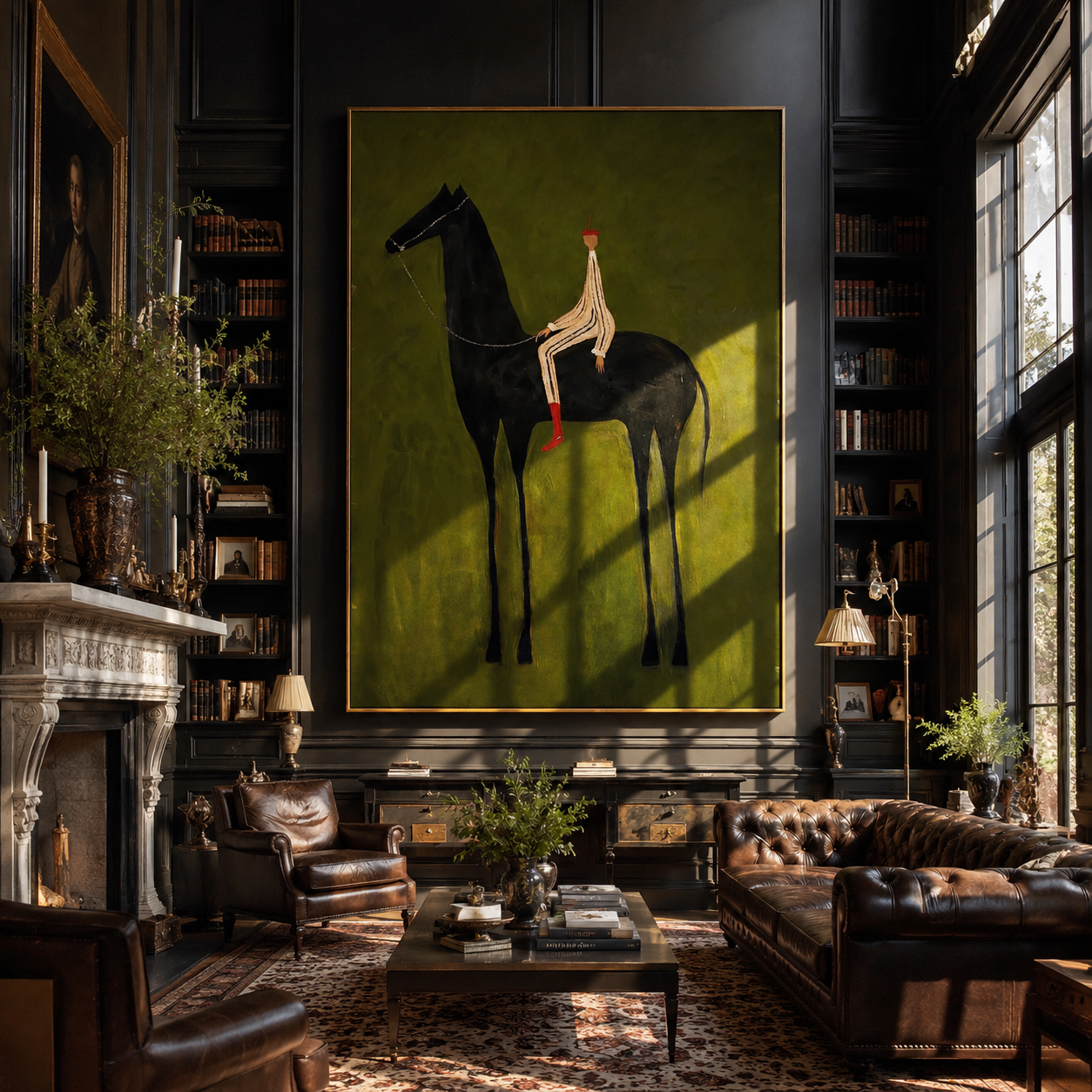 Striped Rider Sits above the Black Horse - black horse rider painting by Isabelle Laurent, modern Western vertical wall art – styled room scene view 2