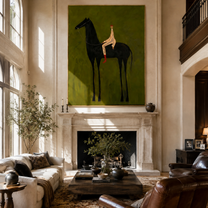 Striped Rider Sits above the Black Horse - black horse rider painting by Isabelle Laurent, modern Western vertical wall art – styled room scene view 3