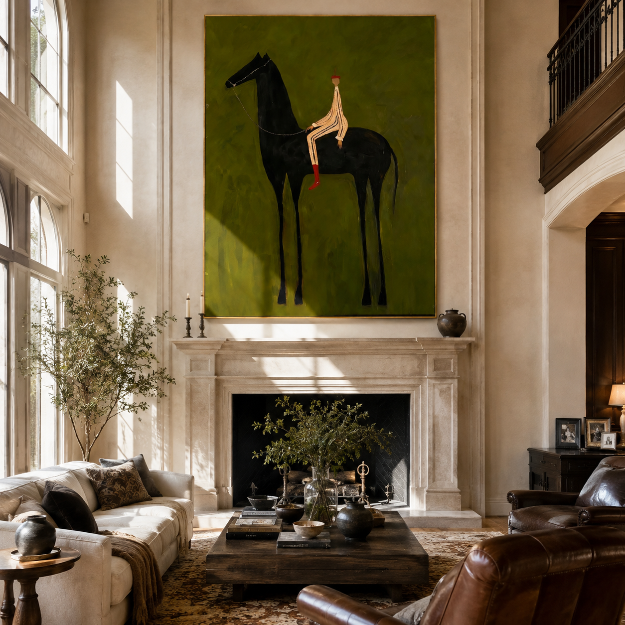 Striped Rider Sits above the Black Horse - black horse rider painting by Isabelle Laurent, modern Western vertical wall art – styled room scene view 3