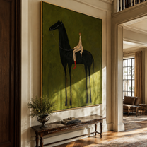 Striped Rider Sits above the Black Horse - black horse rider painting by Isabelle Laurent, modern Western vertical wall art – styled room scene view 4