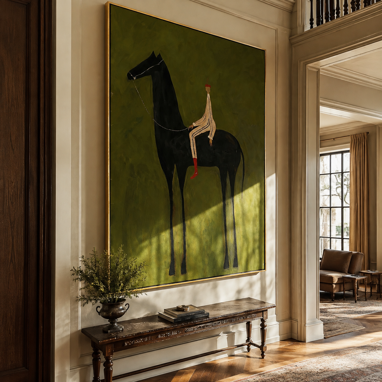 Striped Rider Sits above the Black Horse - black horse rider painting by Isabelle Laurent, modern Western vertical wall art – styled room scene view 4
