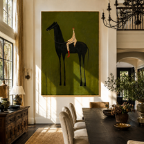 Striped Rider Sits above the Black Horse - black horse rider painting by Isabelle Laurent, modern Western vertical wall art – styled room scene view 5