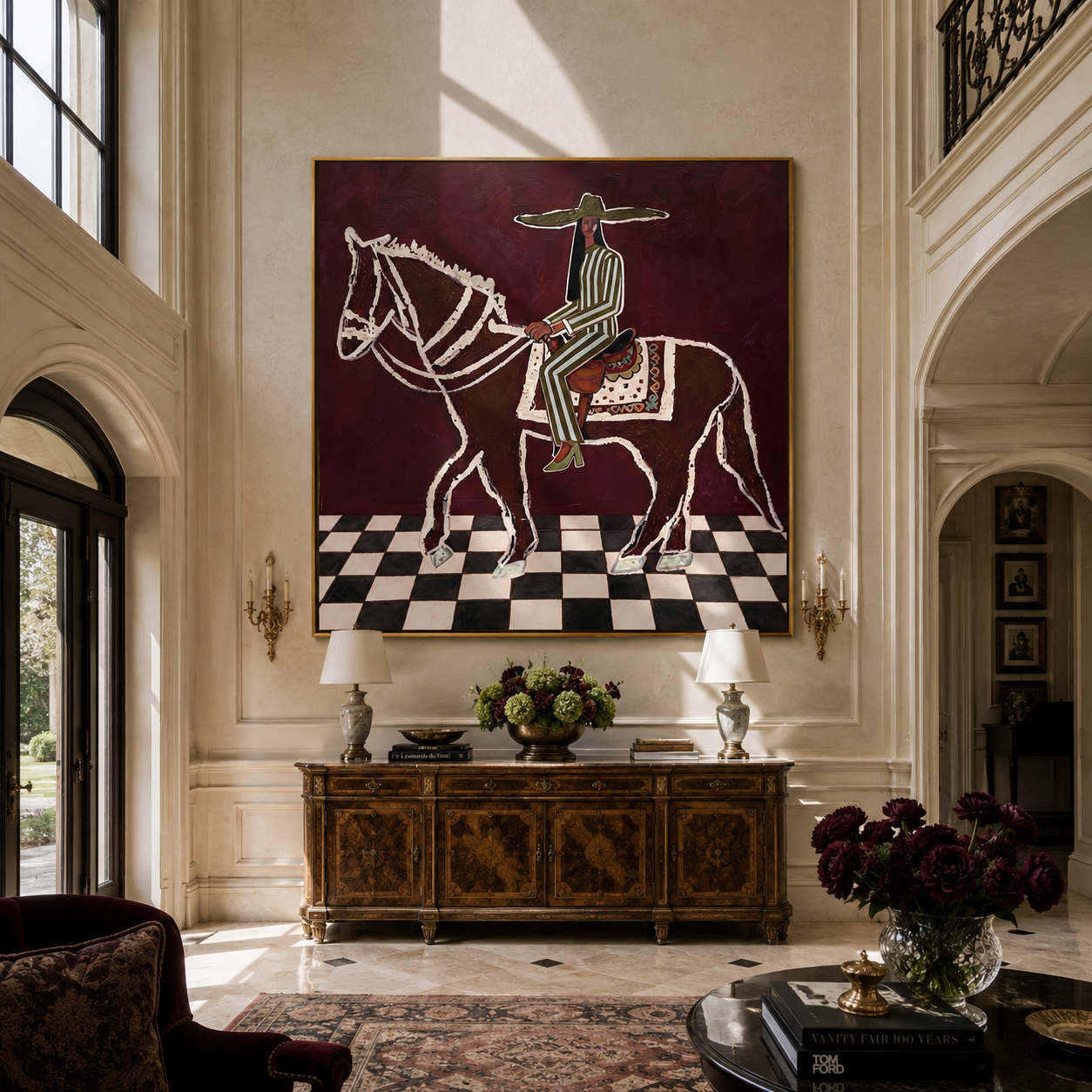 White Lines Ride across the Checked Floor - graphic horse rider painting by Isabelle Laurent, modern Western square wall art – styled room scene view 1
