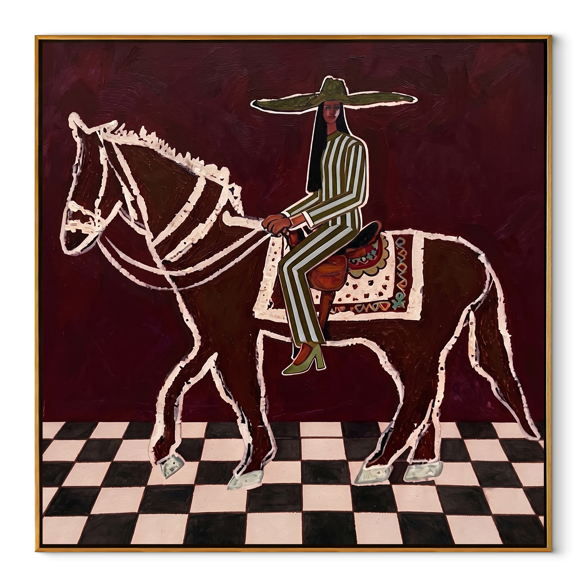 White Lines Ride across the Checked Floor - graphic horse rider painting by Isabelle Laurent, modern Western square wall art – wood frame on white background