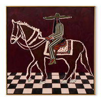 White Lines Ride across the Checked Floor - graphic horse rider painting by Isabelle Laurent, modern Western square wall art – wood frame on white background