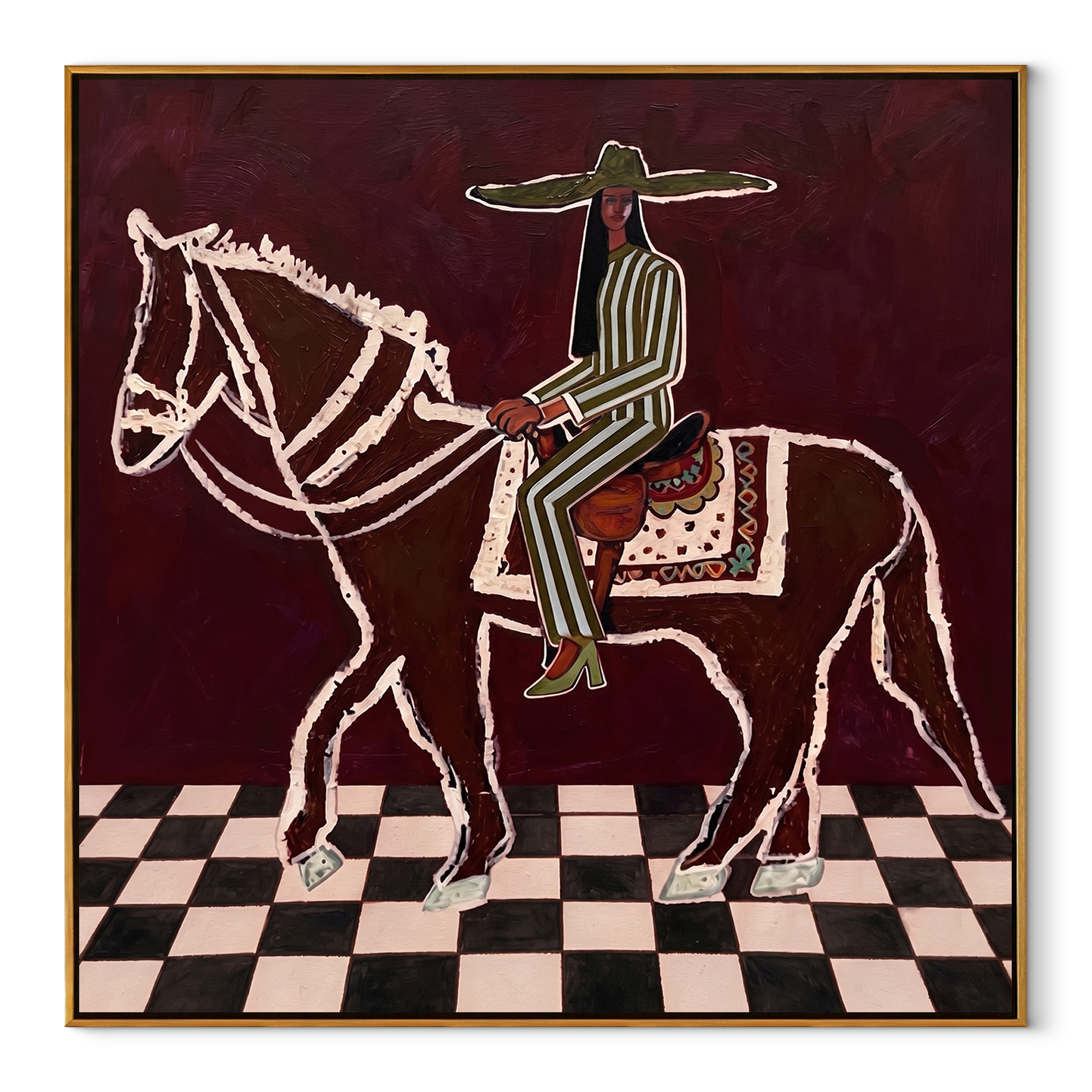 White Lines Ride across the Checked Floor - graphic horse rider painting by Isabelle Laurent, modern Western square wall art – wood frame on white background