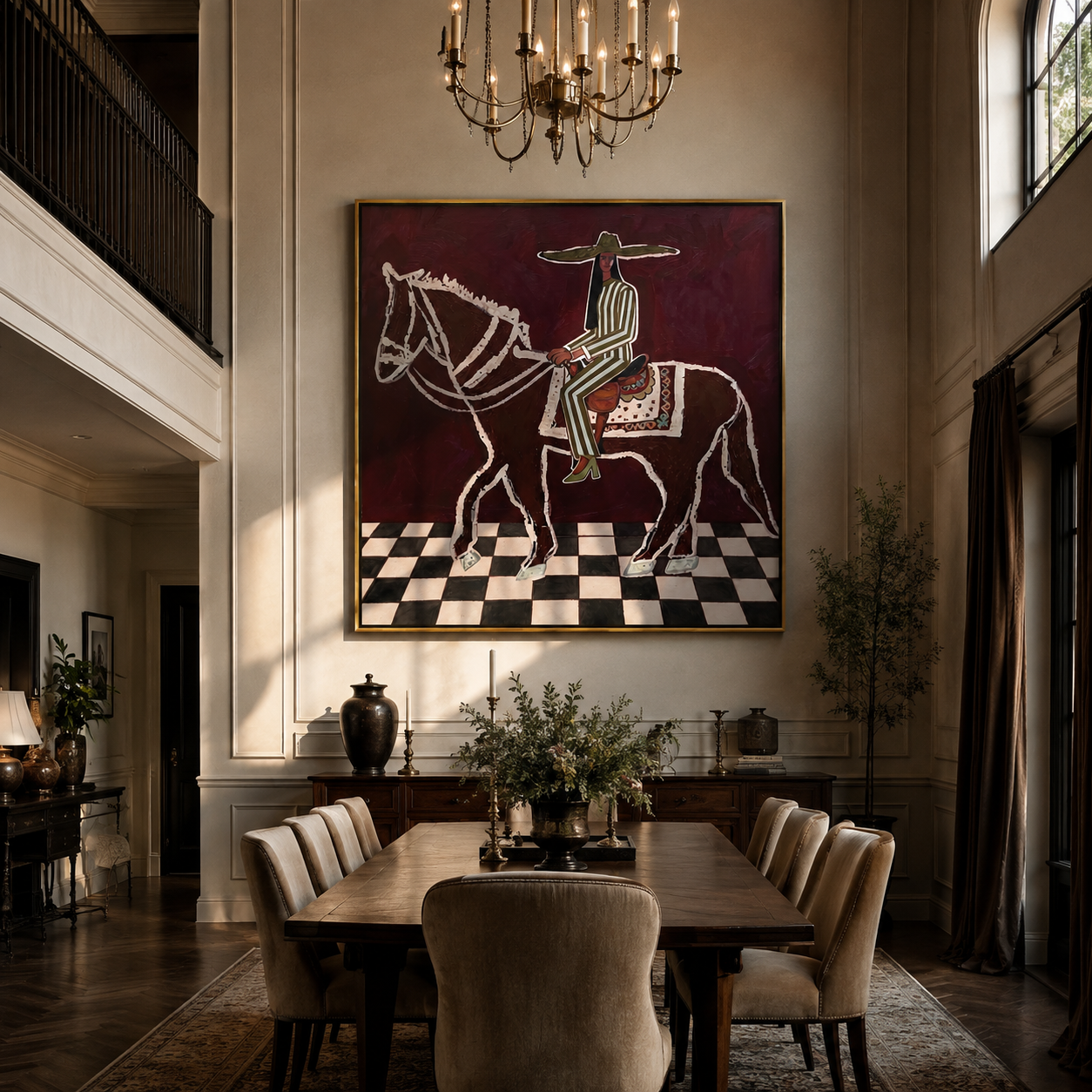 White Lines Ride across the Checked Floor - graphic horse rider painting by Isabelle Laurent, modern Western square wall art – styled room scene view 2