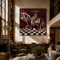White Lines Ride across the Checked Floor - graphic horse rider painting by Isabelle Laurent, modern Western square wall art – styled room scene view 3