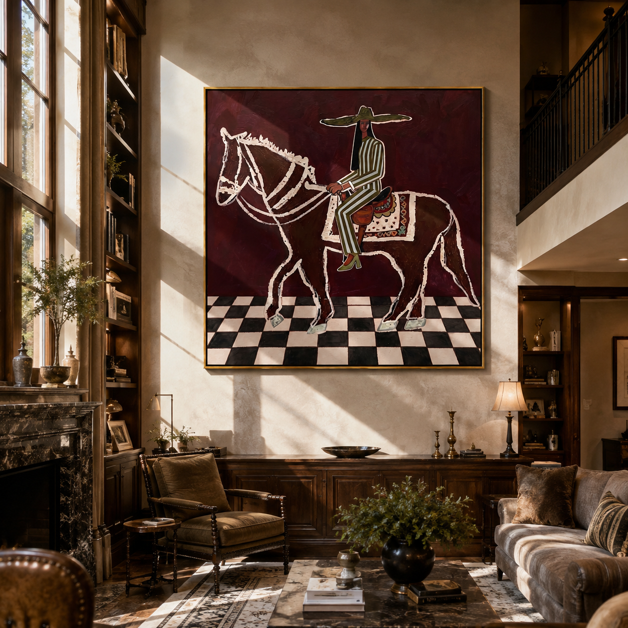 White Lines Ride across the Checked Floor - graphic horse rider painting by Isabelle Laurent, modern Western square wall art – styled room scene view 3