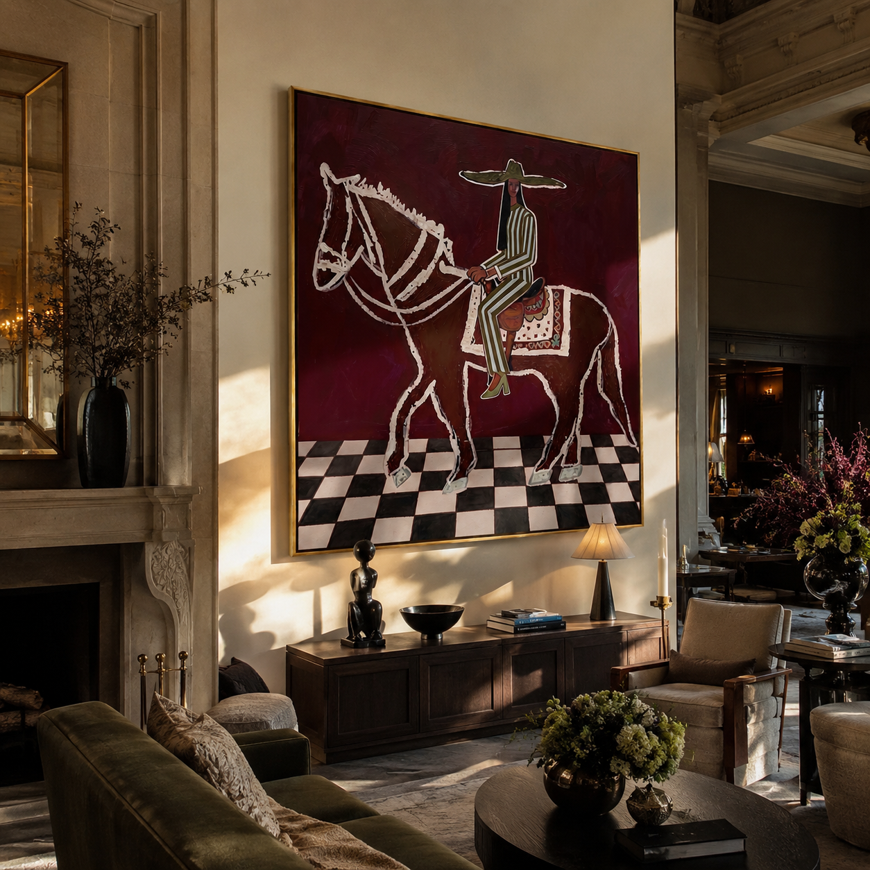White Lines Ride across the Checked Floor - graphic horse rider painting by Isabelle Laurent, modern Western square wall art – styled room scene view 4