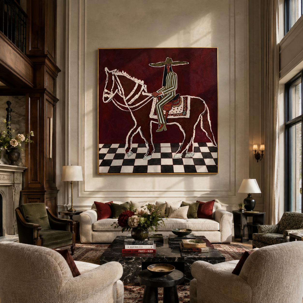 White Lines Ride across the Checked Floor - graphic horse rider painting by Isabelle Laurent, modern Western square wall art – styled room scene view 5