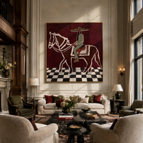 White Lines Ride across the Checked Floor - graphic horse rider painting by Isabelle Laurent, modern Western square wall art – styled room scene view 5