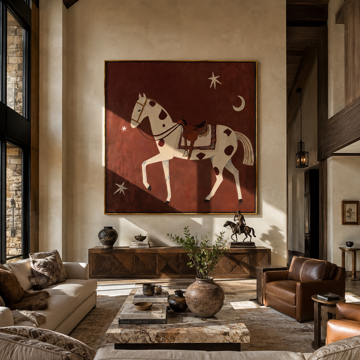 The Spotted Horse Walks beneath Moon and Star - celestial white horse painting by Isabelle Laurent, modern Western square wall art – styled room scene view 1