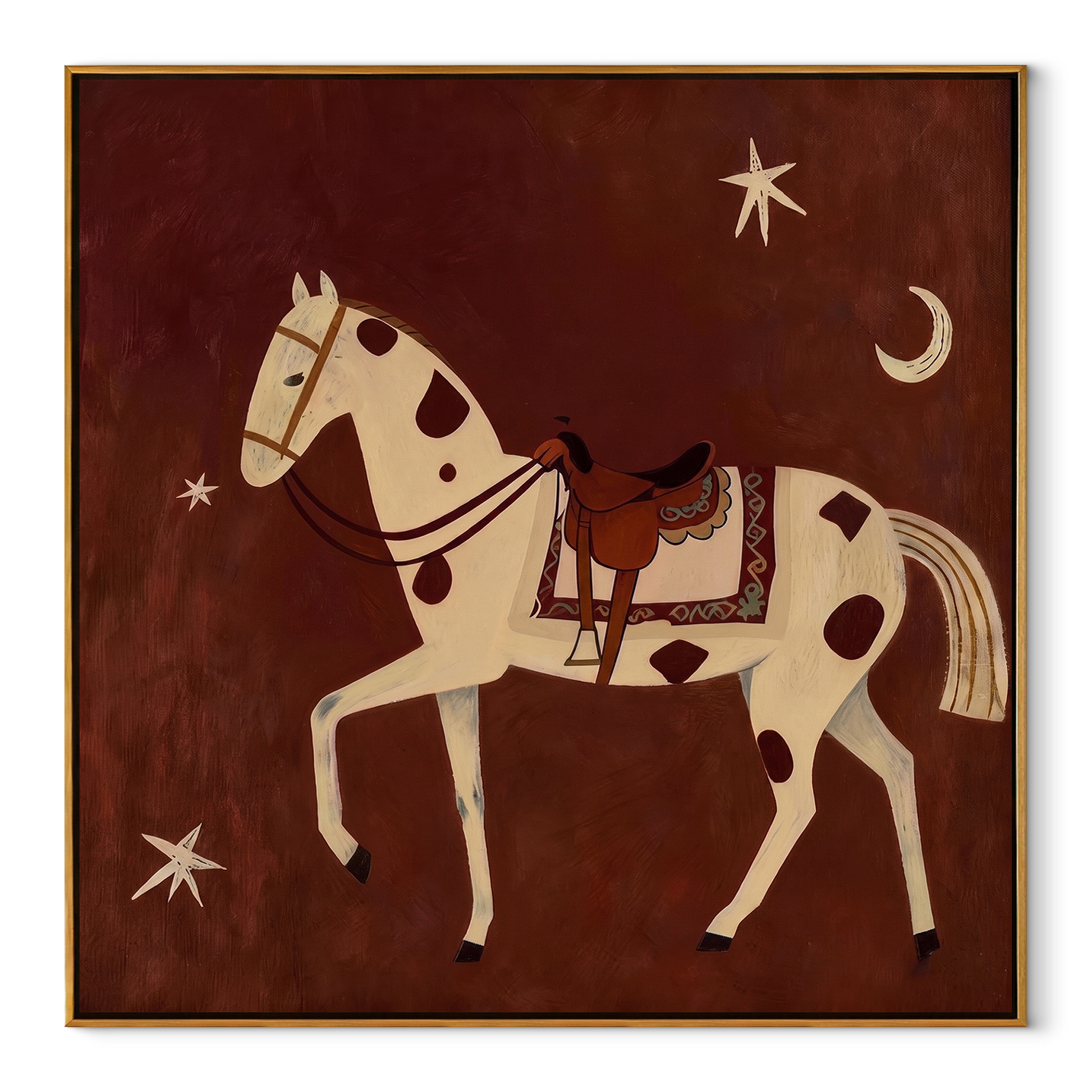 The Spotted Horse Walks beneath Moon and Star - celestial white horse painting by Isabelle Laurent, modern Western square wall art – wood frame on white background