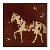 The Spotted Horse Walks beneath Moon and Star - celestial white horse painting by Isabelle Laurent, modern Western square wall art – wood frame on white background