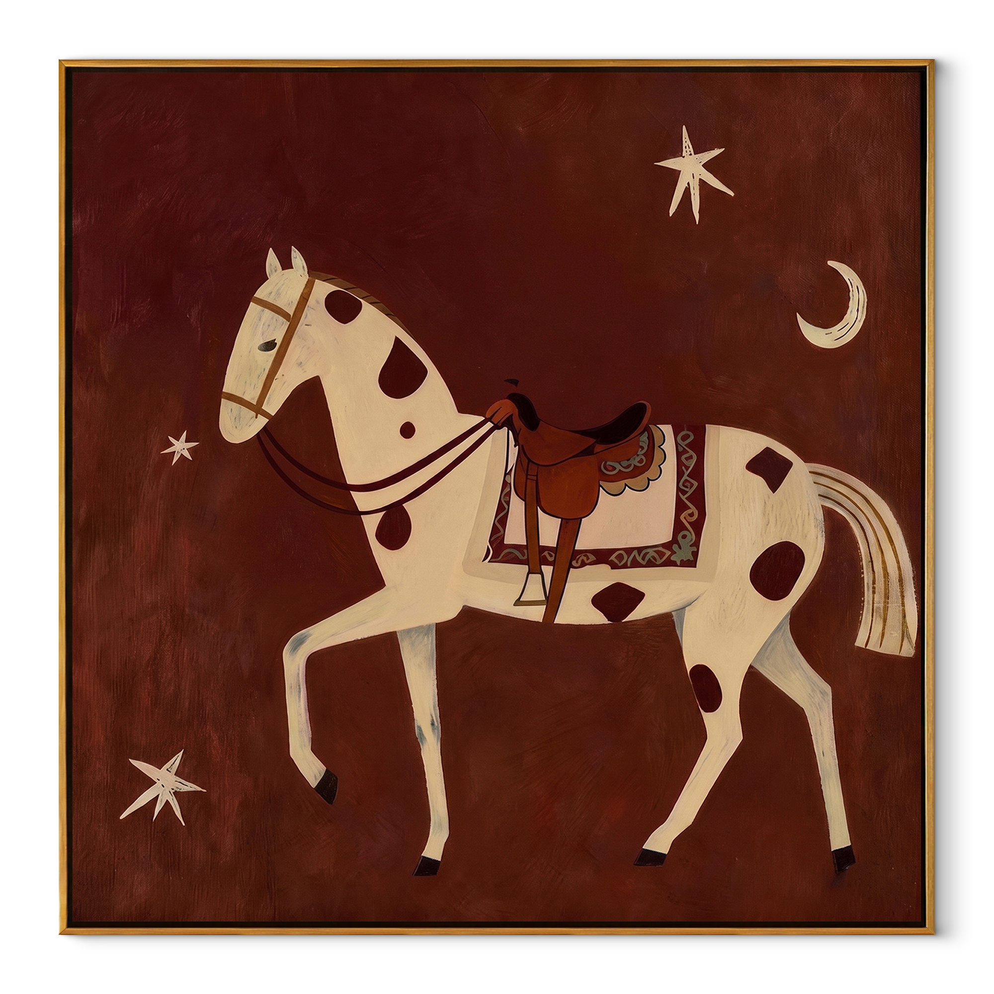 The Spotted Horse Walks beneath Moon and Star - celestial white horse painting by Isabelle Laurent, modern Western square wall art – wood frame on white background