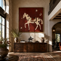 The Spotted Horse Walks beneath Moon and Star - celestial white horse painting by Isabelle Laurent, modern Western square wall art – styled room scene view 2
