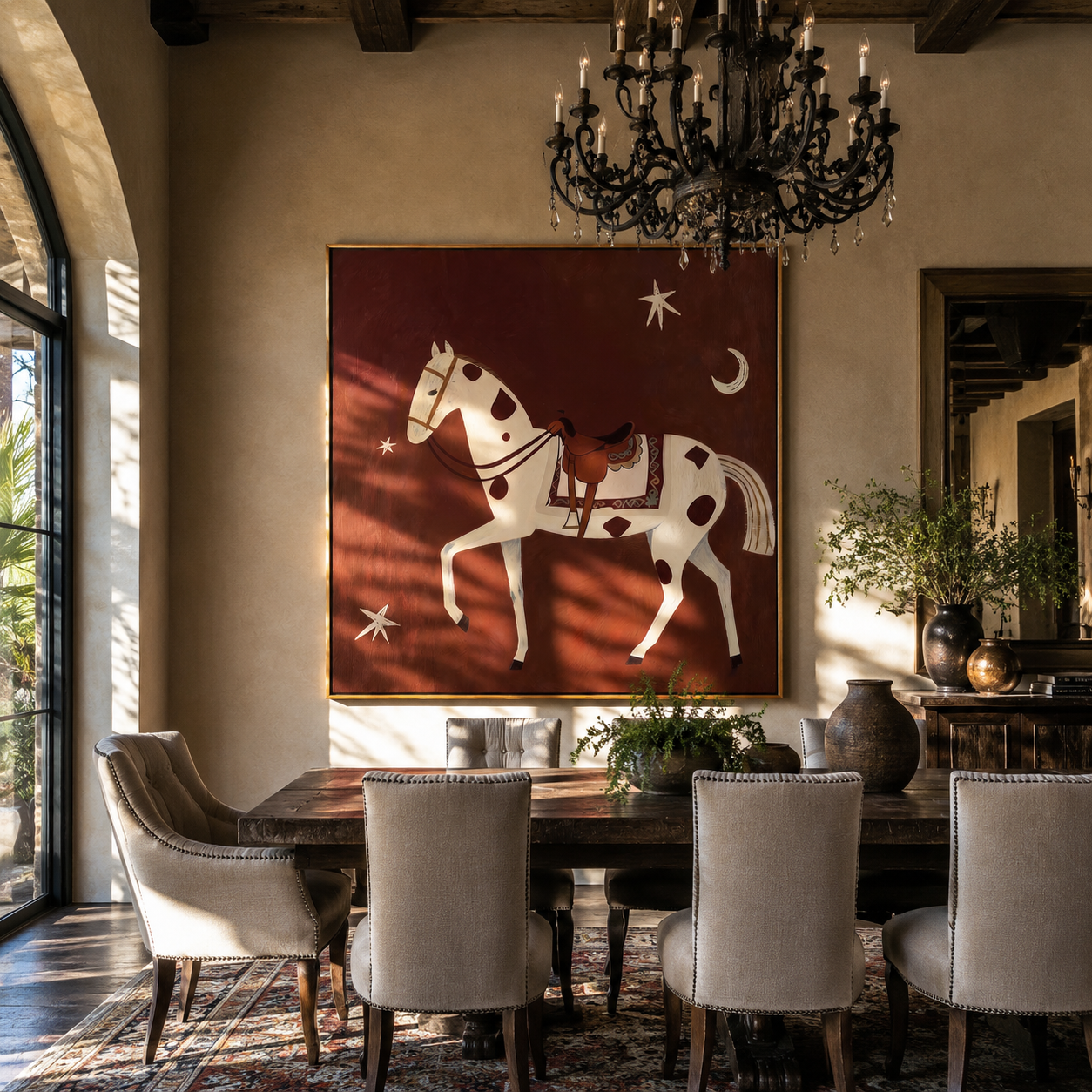 The Spotted Horse Walks beneath Moon and Star - celestial white horse painting by Isabelle Laurent, modern Western square wall art – styled room scene view 3