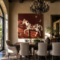 The Spotted Horse Walks beneath Moon and Star - celestial white horse painting by Isabelle Laurent, modern Western square wall art – styled room scene view 3