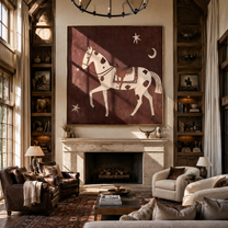 The Spotted Horse Walks beneath Moon and Star - celestial white horse painting by Isabelle Laurent, modern Western square wall art – styled room scene view 4