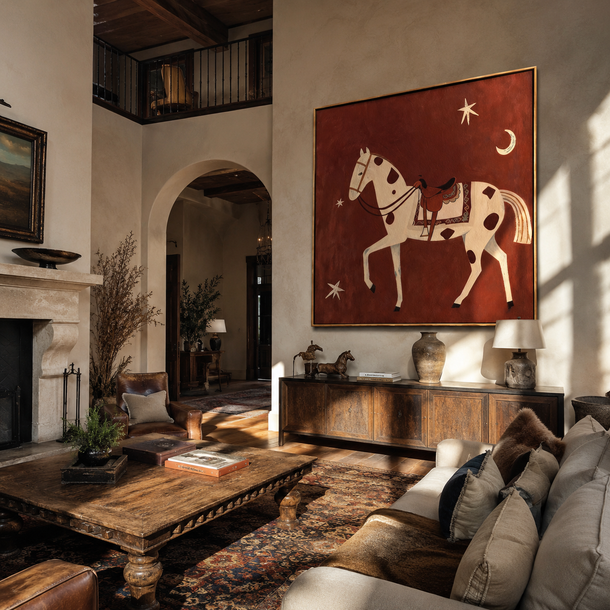 The Spotted Horse Walks beneath Moon and Star - celestial white horse painting by Isabelle Laurent, modern Western square wall art – styled room scene view 5