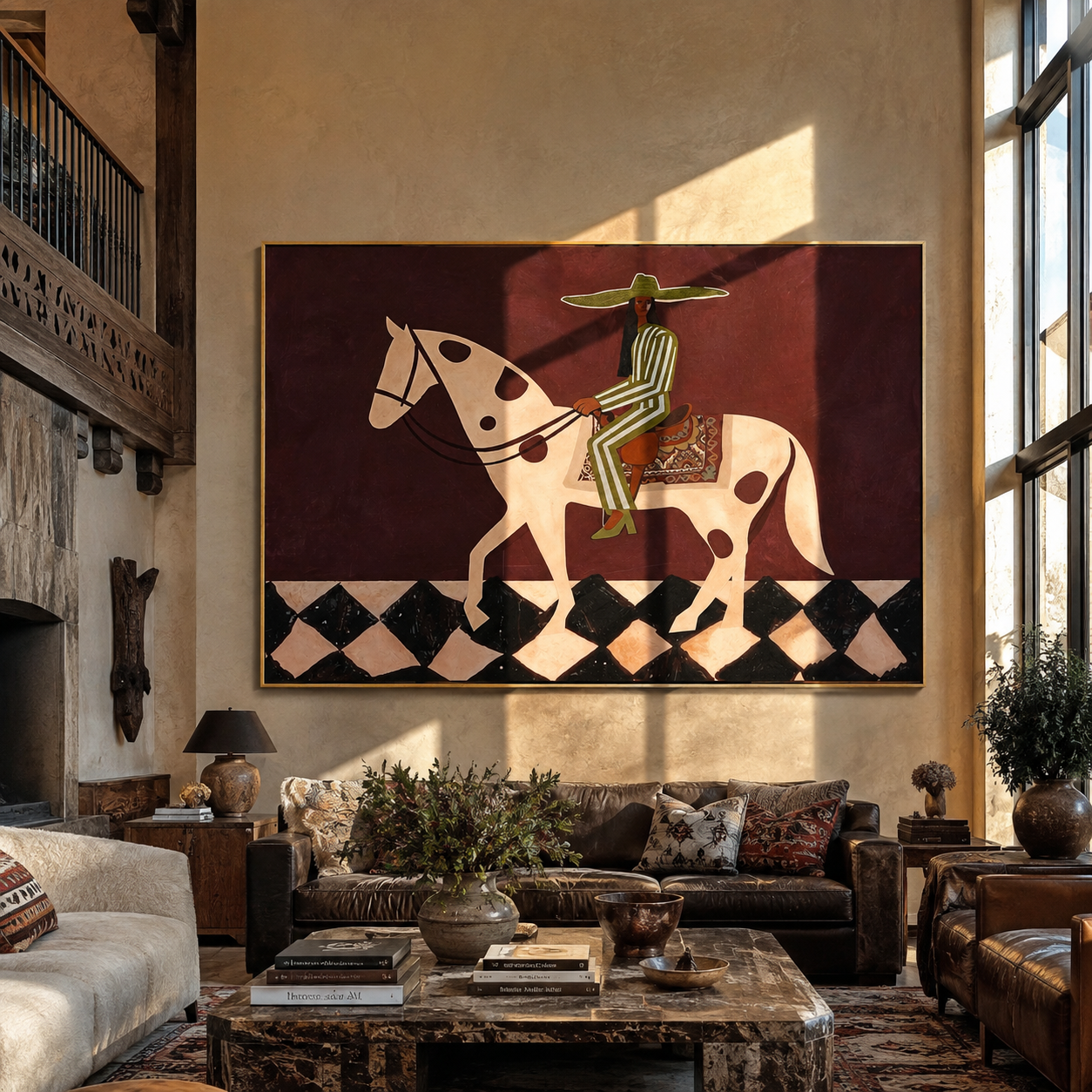 Green Stripes Cross the Moonlit Horse - western horse rider painting by Isabelle Laurent, modern Western horizontal wall art – styled room scene view 1