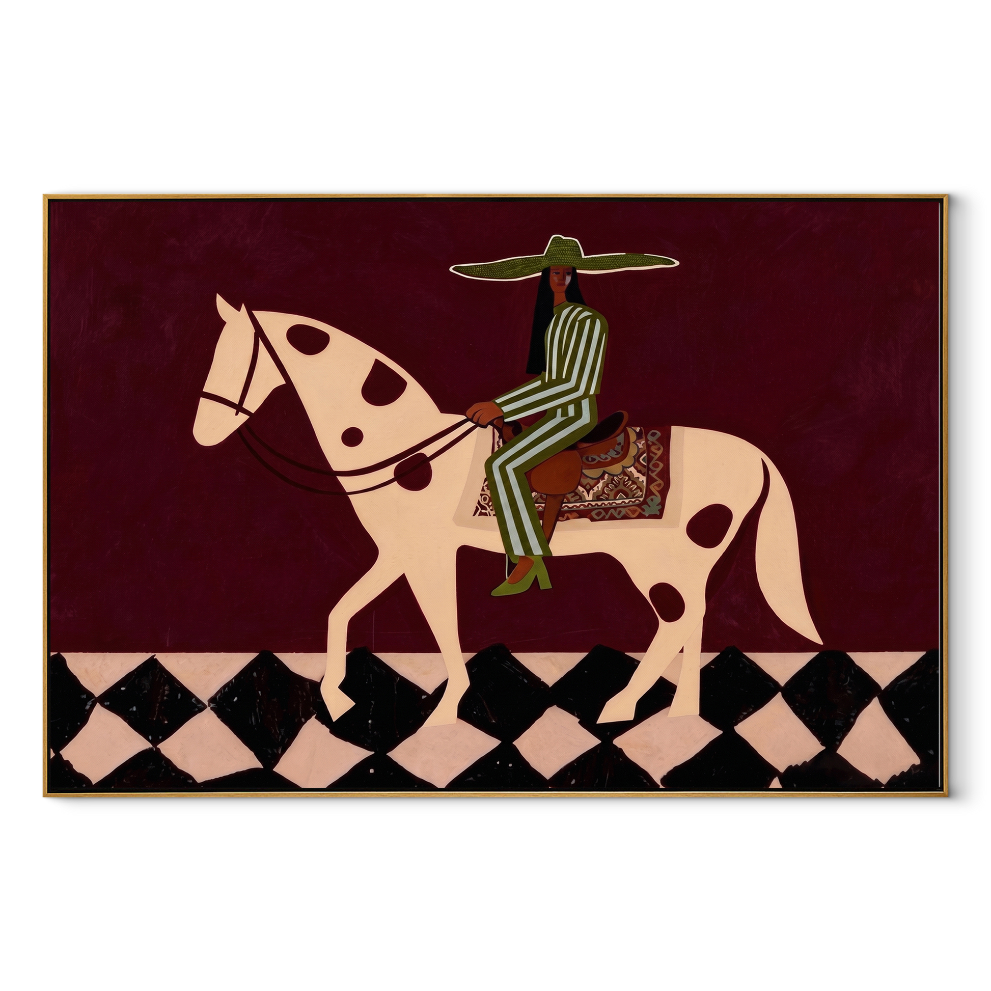 Green Stripes Cross the Moonlit Horse - western horse rider painting by Isabelle Laurent, modern Western horizontal wall art – wood frame on white background