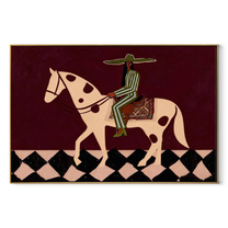 Green Stripes Cross the Moonlit Horse - western horse rider painting by Isabelle Laurent, modern Western horizontal wall art – wood frame on white background