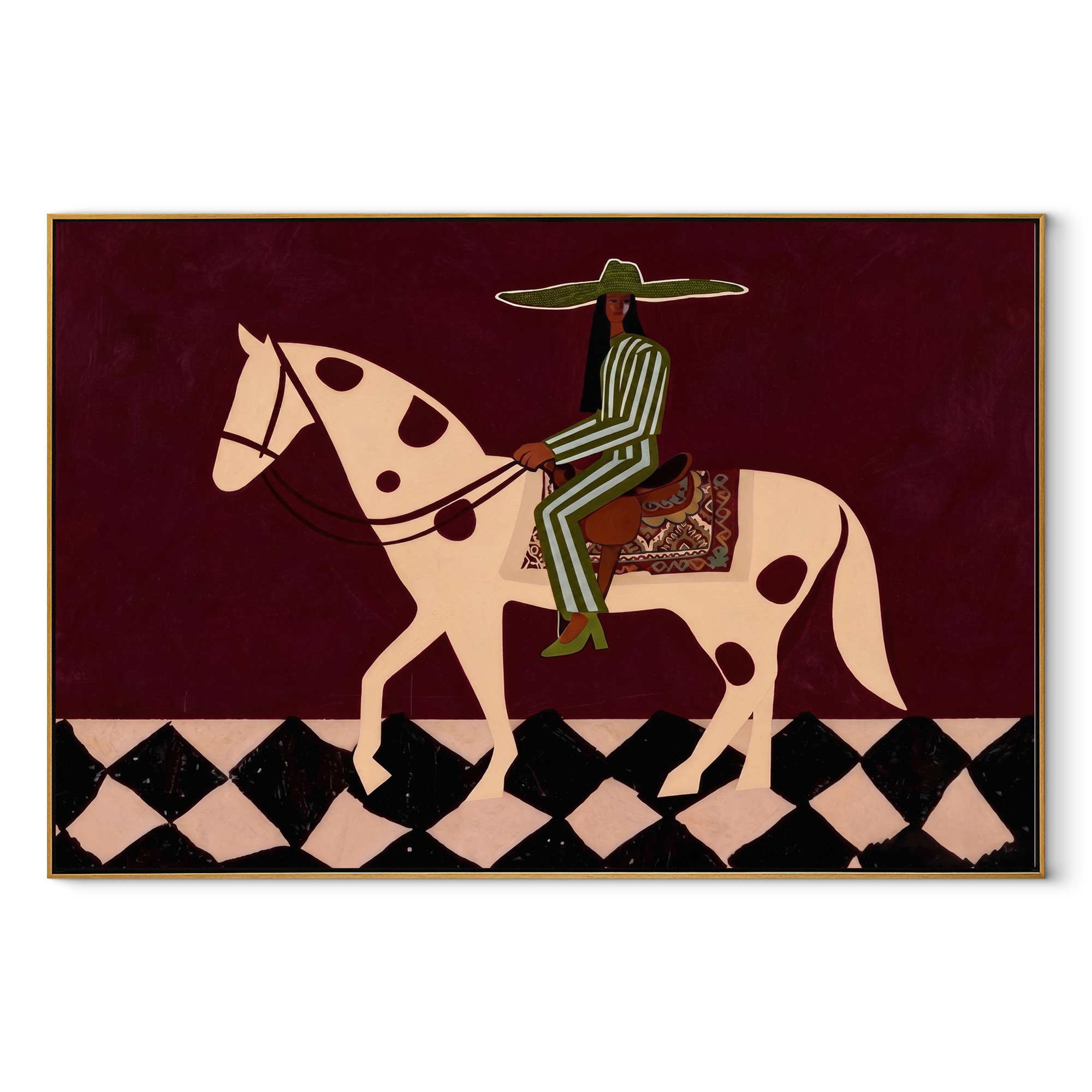 Green Stripes Cross the Moonlit Horse - western horse rider painting by Isabelle Laurent, modern Western horizontal wall art – wood frame on white background